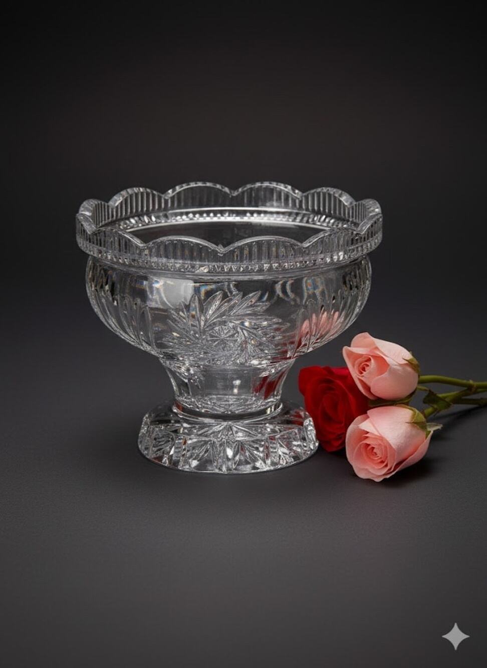 Vintage German Lausitzer Crystal Clear Pinwheel 6” Compote Pedestal Bowl